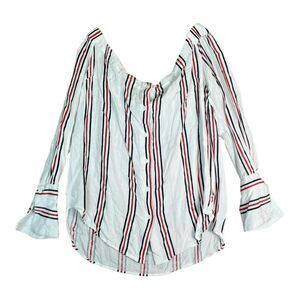 ESLEY Anthropologie Linen Off Shoulder Boho Red Blue Striped Patriotic Top Sz L